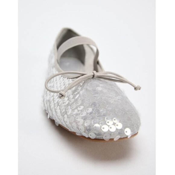 NWT Zara silver sequin ballerina flats with elastic strap and bow detail, 6.5 - Picture 4 of 13